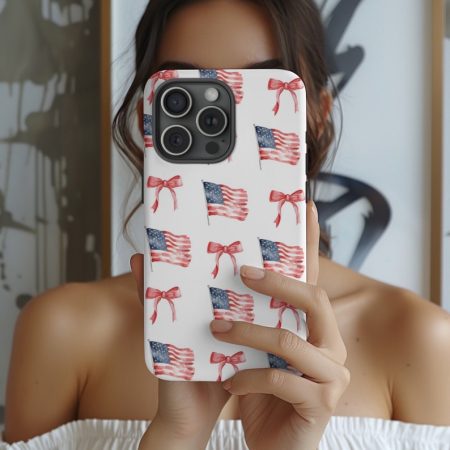 Coquette American Flag Collage Phone Case, Custom Name USA Patriotic Red Bow iPhone 16 15 14 13 12 11 Pro Max, Samsung Galaxy 24 23