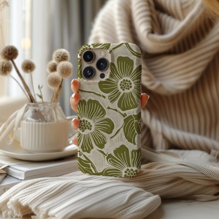 Vintage Floral Botanical Tough Phone Case, Olive Green Flower Art, Retro Nature-Inspired Cover for iPhone 16 15 14 13 12 11 Pro Max 8 Plus