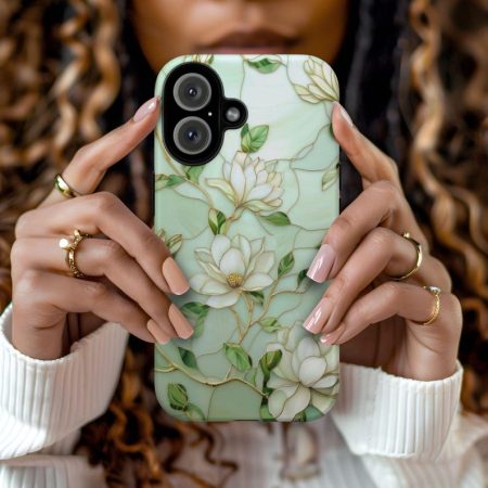 Magnolia Stained Glass Phone Case, Faux Stained Glass Golden Floral Design Trendy Coquette iPhone 16 15 14 13 12 11 8 Pro Max Plus X Samsung
