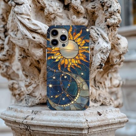 Faux Stain Glass Starry Night Sky Phone Cover, 3D Celestial Stained Glass Moon & Stars Phone Case, iPhone 16 15 14 13 12, Galaxy S23 S22
