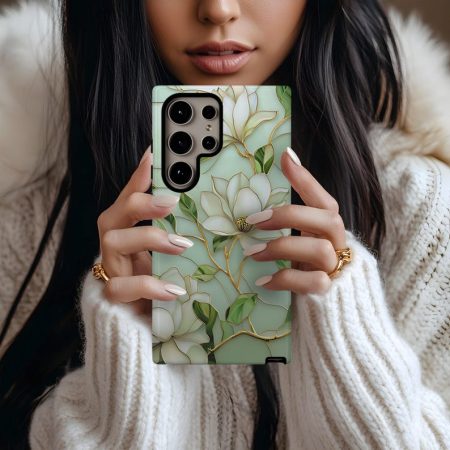 Magnolia Stained Glass Phone Case, Faux Stained Glass Golden Floral Coquette Cover, Samsung Galaxy S25 S24 S23 S22 S21 S20 Ultra Pro, Pearl